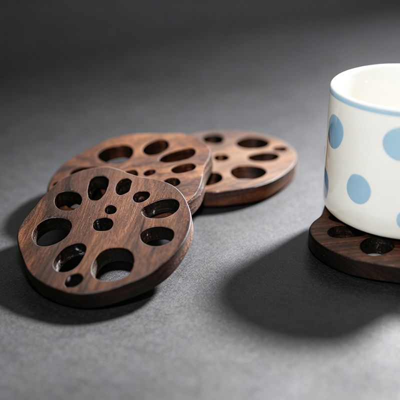 Handcrafted Walnut Lotus Root Coaster - Organic Modern Wooden Cup Mat