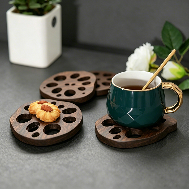 Handcrafted Walnut Lotus Root Coaster - Organic Modern Wooden Cup Mat